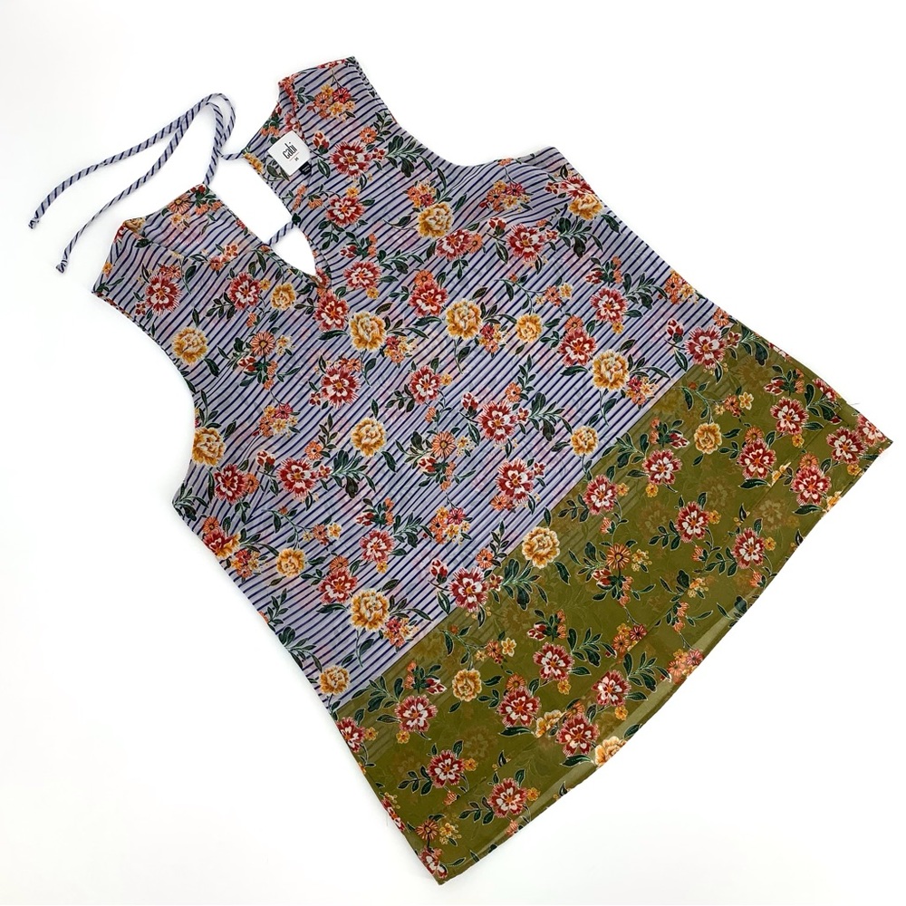 Cabi Penelope Top #5354, Floral and Striped Print Sleeveless Layered Top, Medium
